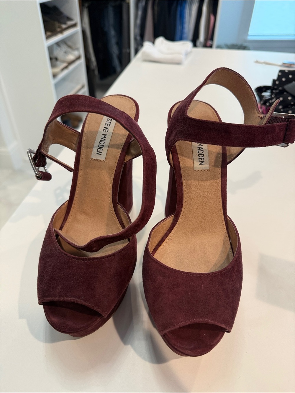 Steve Madden Wine Suede Platform Heels with Ankle Strap